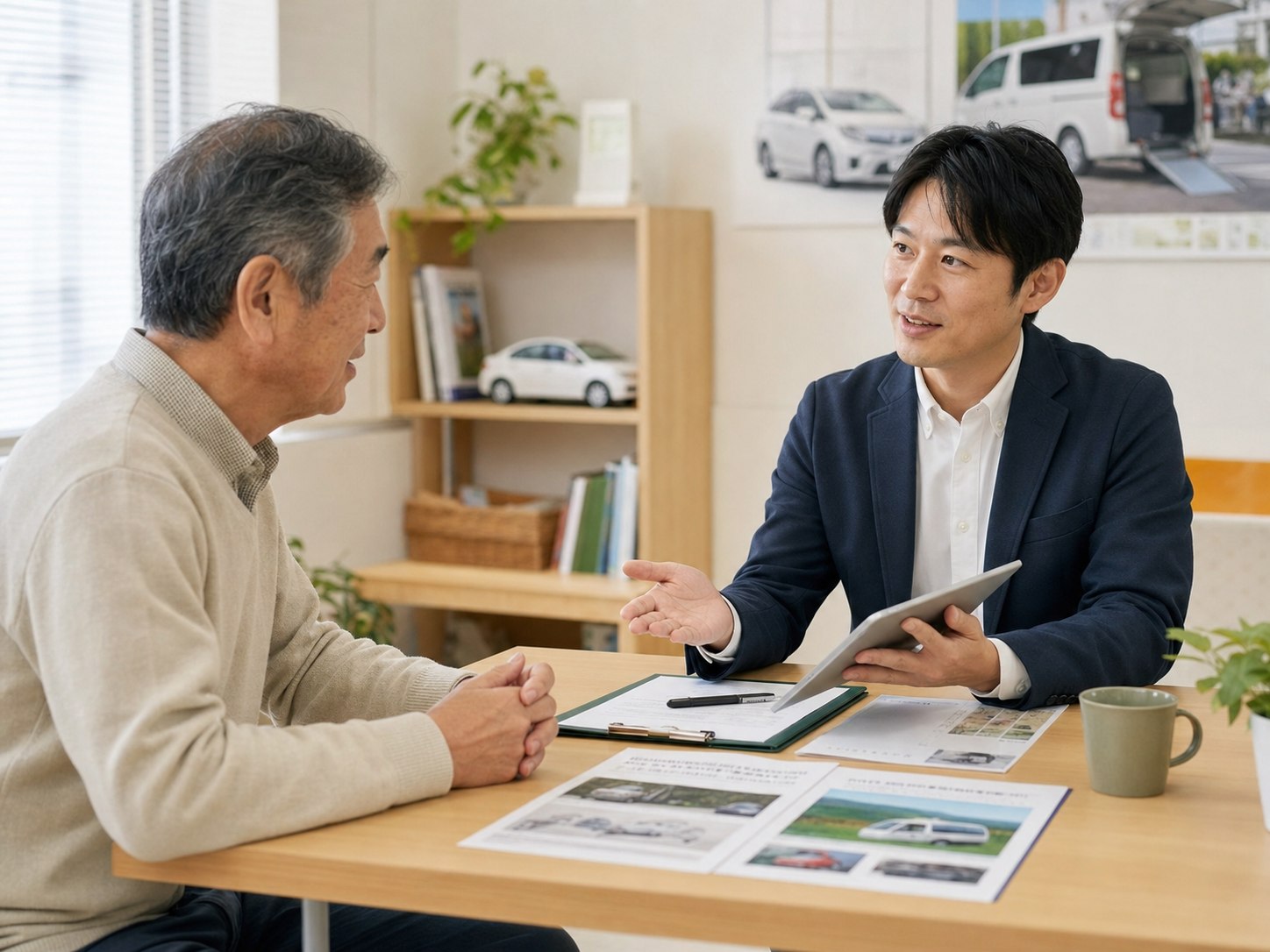 定年後の働き方を相談する日本人男性と担当者